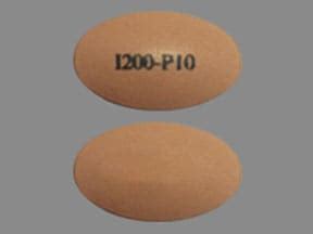 BROWN OVAL Pill with imprint 1200 p10 tablet, coated for treatment of Arthritis, Juvenile, Arthritis, Rheumatoid, Asthma, Bursitis, Dysmenorrhea, Fever, Gout, Inflammation, …